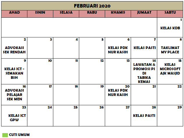 Jadual Aktiviti Feb 2020