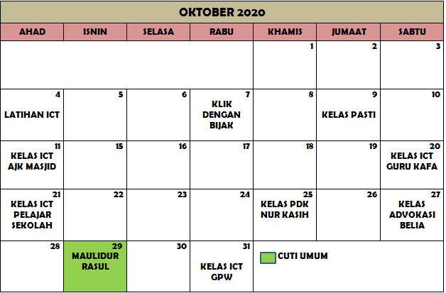 Jadual Aktiviti Oktober 2020